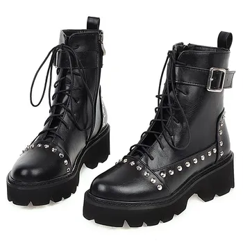 

BONJEAN Sexy Rivet Military Boots Women Lace Up Black Leather Ankle Boots Mid Heel Goth Style Short Boot for Autumn High Quality