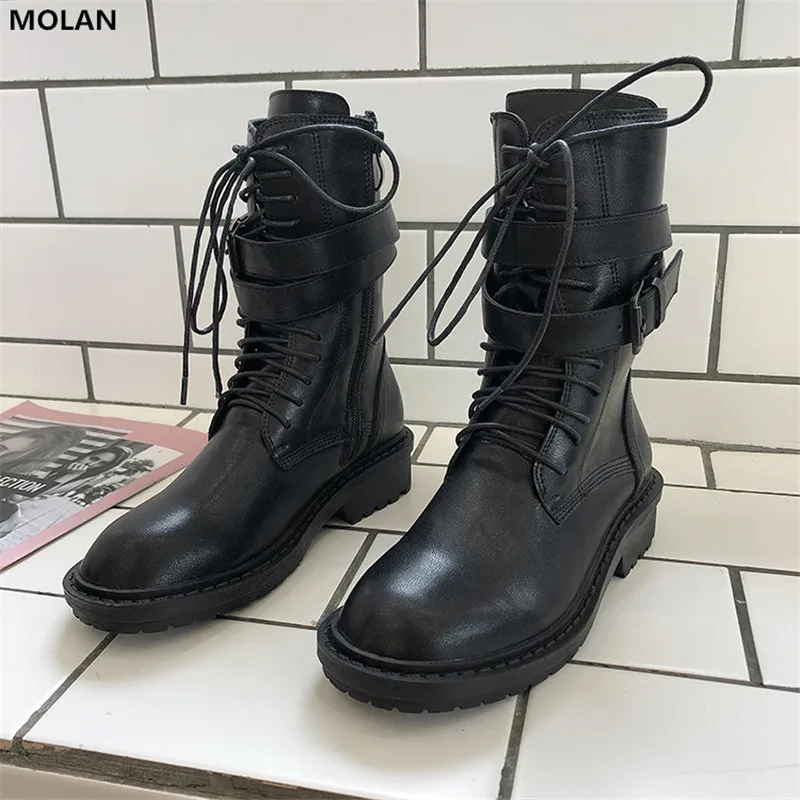 

MOLAN Brand Designers 2019 Winter Luxury Black Genuine Leather Lace Up Platform Boots Lady Motorcycle Boots Zipper Size 35-40