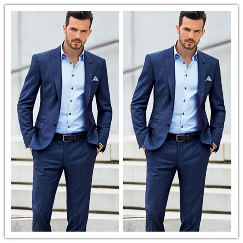 2019 Dark Blue Beach Groom Tuexdos Custom Made Groomsmen Men Wedding Suits Two Buttons Prom Formal Occasion Tuxedos ( Jacket+Pants)