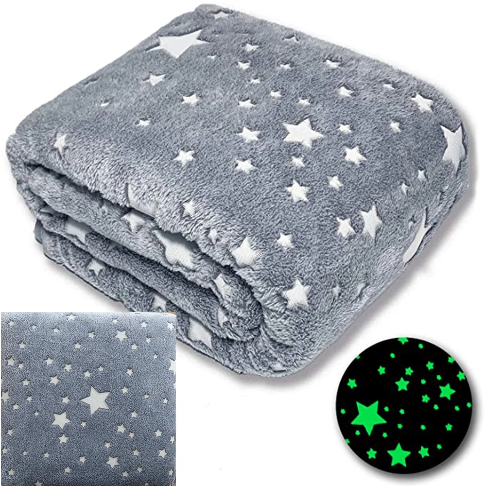 Glow in The Dark Throw Blanket Galaxy Stars Pattern Flannel Fleece Blanket Soft Warm Fuzzy Plush Blanket Kids Christmas Decor
