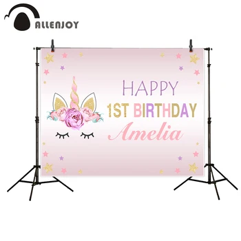 

Allenjoy Kid Event Wall Banner Golden Unicorn Glitter Star Flowers Pastel Pink Photozone Decor Happy 1st Birthday Party Backdrop