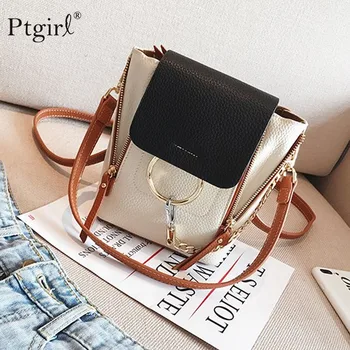 

Fashion Contrast Color Backpack Female Luxury Brand Designed Ptgirl Mini Backpack Round Ring Schoolbag PU Leather Women Backpack