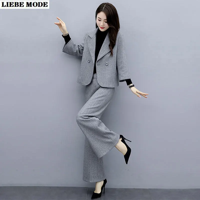 

Woman Casual Work Blazer Suits Woman Three Quality Sleeve Notched Short Jacket Coat & Wide Leg Pant Female Two Piece Set Outfit