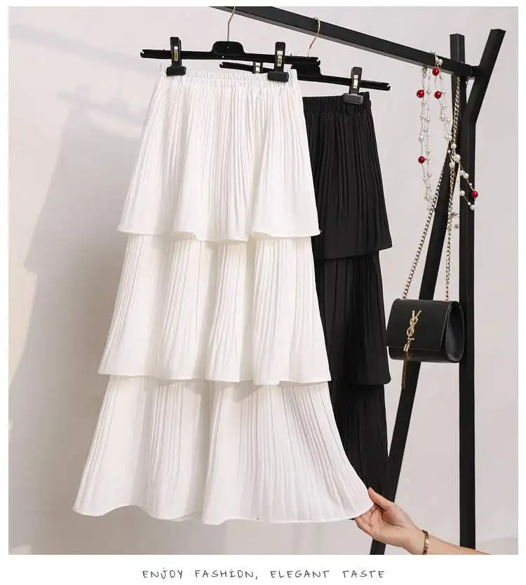3 Слои ed Для женщин юбка черный, белый цвет корейский стиль длинная юбка, летняя шифоновая плиссированная юбка Слои торт Защита от солнца; юбка для девочек