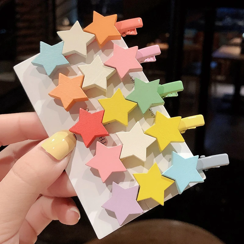 2Ps/Set Sweet Color girl cute wood star Hair Clip Hairband Bobby Pin Barrette Hairpin Headdress Beauty Accessory Tools