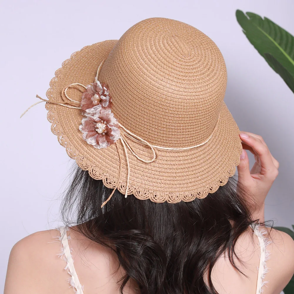 

Summer Hats Women's Straw Hat Mesh Gauze Flower Pearl Diamond Flower Pot Hat Sunscreen Sun Bow Beach Hat