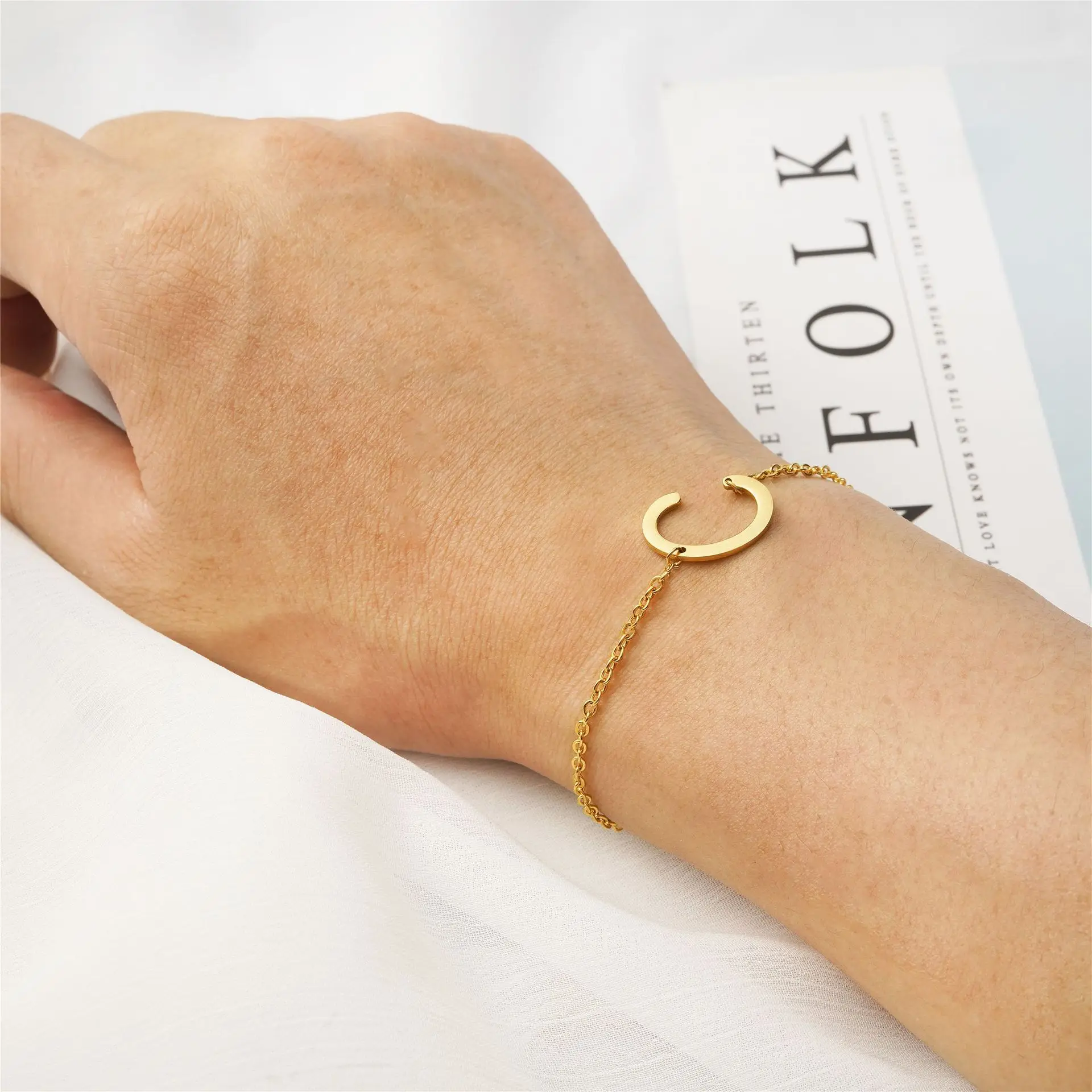 

Stainless Steel Sideways initial Bracelet Big letter Bracelet Alphabet over sized Bracelet Bridesmaid and Mothers day gift 003