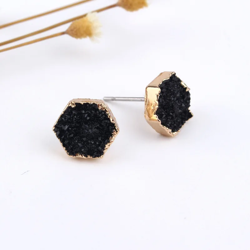 Fashion Bijoux Bohemian Female Slopes Geometric Small Hexagon Earrings Women Jewelry Druzy Resin Stud Earrings Earstuds (3)