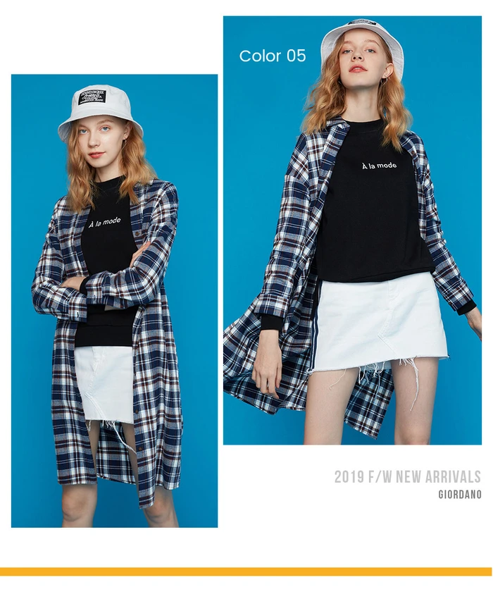 Giordano женское платье фланель хлопковая рубашка платье хлопок с двойным карманом, с закругленным краем, одежда повседневные роковой 13469810