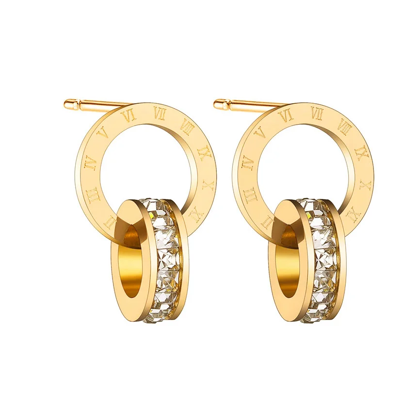 

Hongcheng Jewellery Shiny Roman Numeral Double Circles Acrylic Crystal Hoop Earrings Fashion New Titanium Steel Women Jewelery