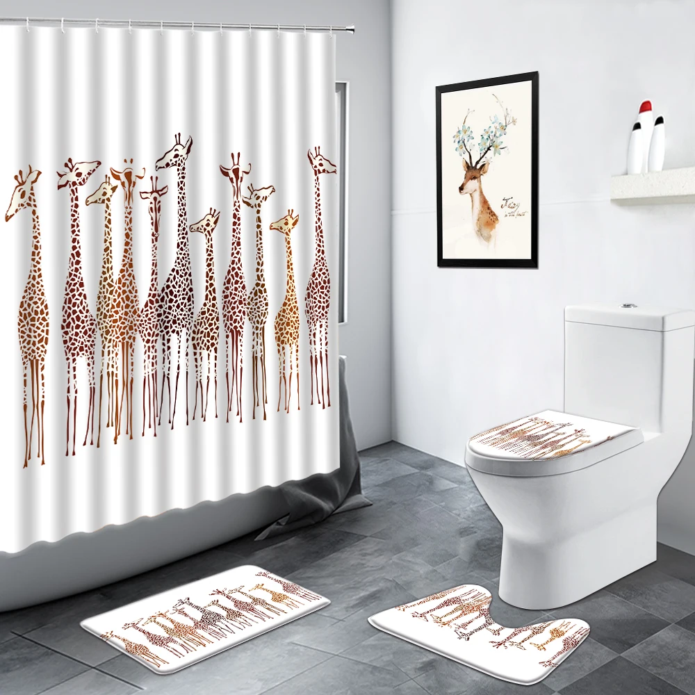 Black White Giraffe Bathroom Rug Shower Curtain Bath Mat Non-Slip Toilet Cover 