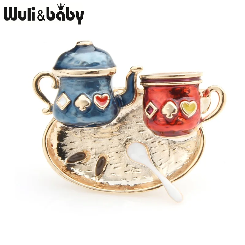 Wuli&baby, синий, коричневый, 2 цвета, чайный набор, броши для женщин, сплав, эмаль, чайная чашка, горшок, брошь на булавке, подарки на год