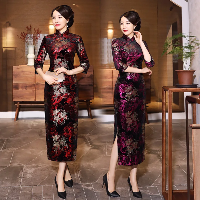 Sheng Coco зимнее ретро платье Cheongsam с длинным рукавом банкетное длинное платье Qipao женское платье на каждый день элегантное винтажное платье с новым принтом Qipao