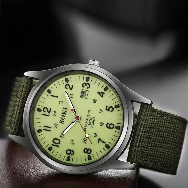 Field Watch for Men Luminous Hands Woven Canvas Belt Fluorescent Green Men's Watch Fashion Male Calendar Week Display Gift