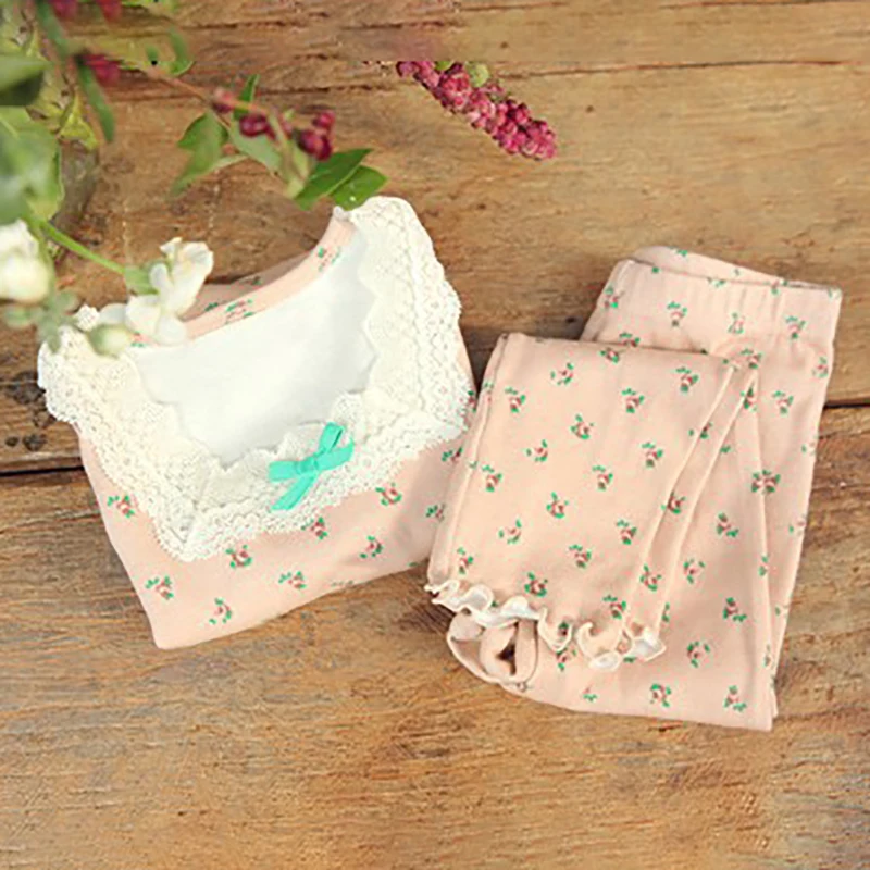 Spring Autumn Baby Girls Pajamas Set 1-8yrs Children Kids Print Lace Sleepwear Lounge Wear Cotton Girls Evening Dress - Цвет: Розовый