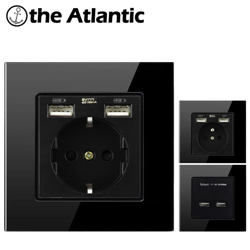 Настенная розетка Atlectric EU FR два порта USB 16 А 2100 мА панель из закаленного стекла