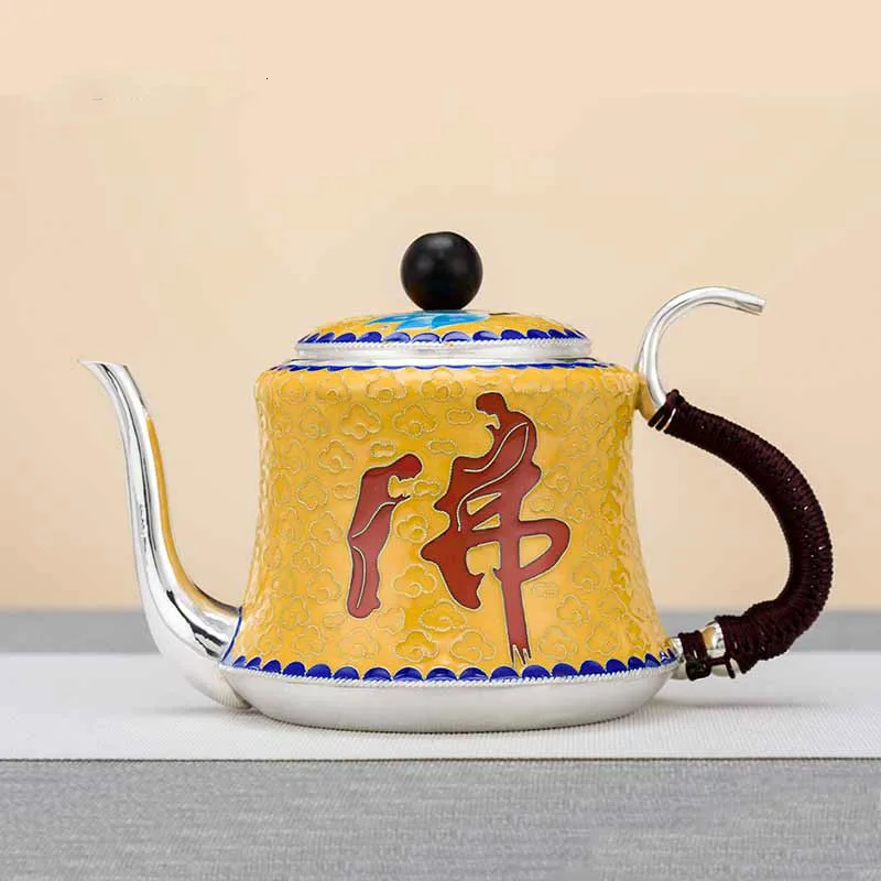 

Sterling silver 999 bubble teapot handmade cloisonne old-fashioned retro style Kung Fu tea set sterling silver teapot