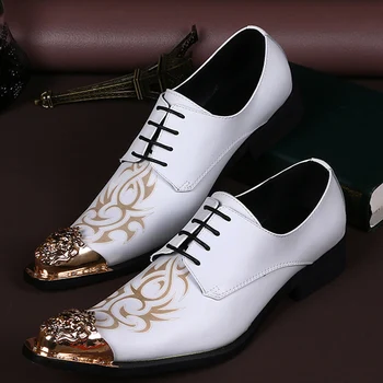 

White Luxury Genuine Leather Men Shoes Metal Pointed Toe Men's Wedding Shoes Fashion Brogue Carving Business Dress Man Shoes