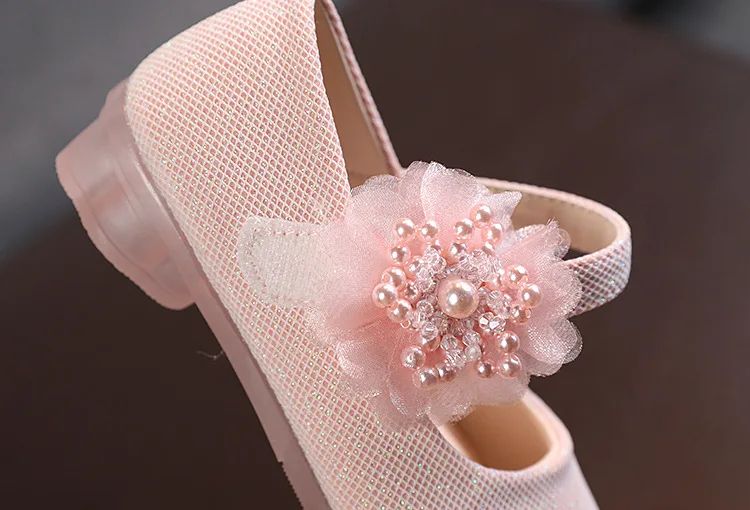 Girls Fashion Pearl Flower Kids Leather Shoes Children Princess Shoes High-heel Dance Shoes Sweet Hot for Wedding Flats 21-30