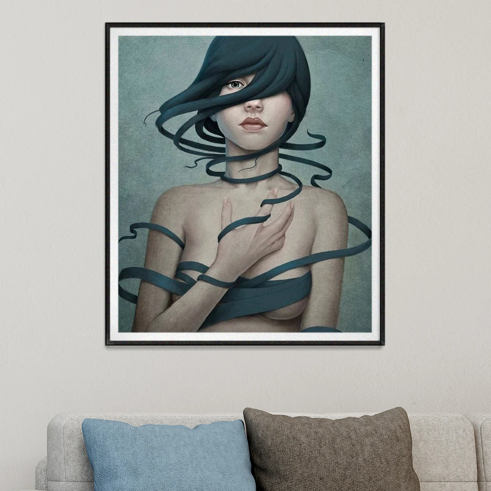 

Nordic Modern Figure Characters Girl with Blue Hair and Blue Ribbons Canvas Painting Poster Print Decor Wall Art Pictures