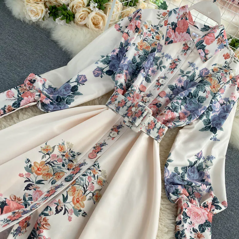 LY VAREY LIN 2022 New Autumn Floral Print Dresses Women Turn Down Collar with Belt Single Breasted High Waist A Line Slim Dress maternity dresses