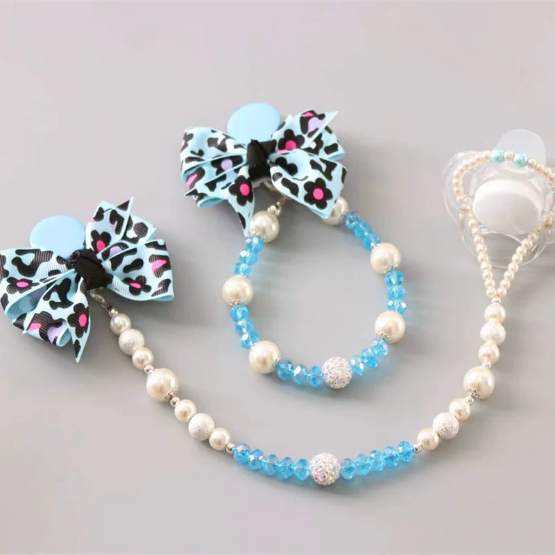 blue Leopard На заказ стеклянные хрустальные детские соски с зажимами, бисероплетение, бриллиантовый бант, соски с цепочкой для новорожденных, детские подарки на день рождения, сувенир - Цвет: blue Leopard