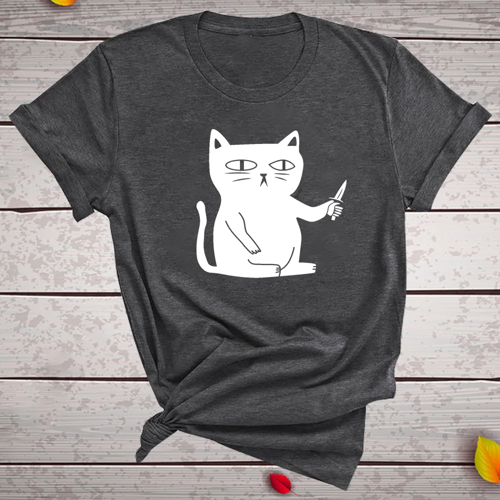 Black Cat What Tshirt Murderous Cat Knife Women Funny T Shirt Short Sleeve Halloween Tops Tees Femme Camisetas Verano Mujer 2019
