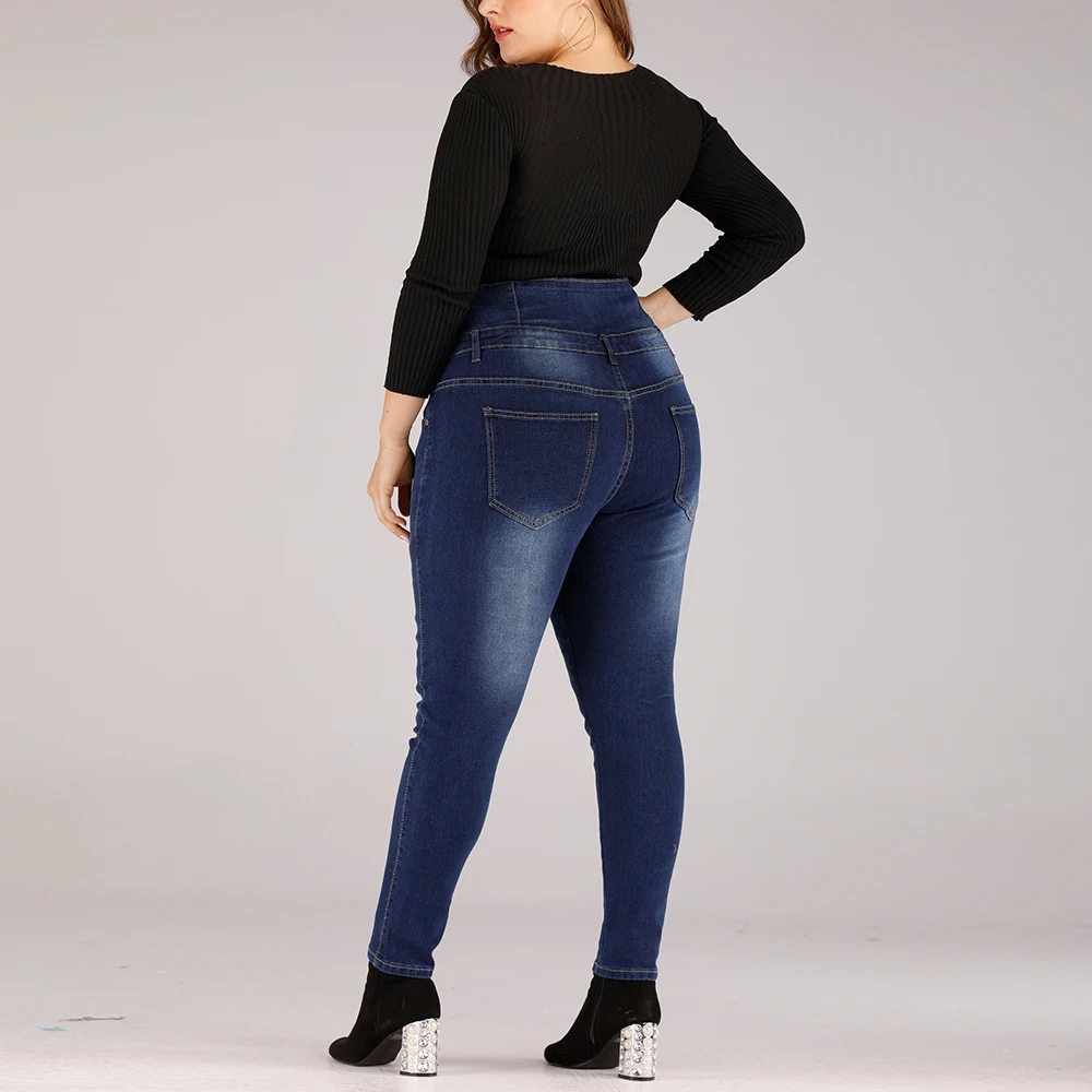XL-4XL размера плюс, джинсы с высокой талией, женские, вымытые, синие, женские, обтягивающие, джинсовые штаны, брюки, женские, винтажные, на пуговицах, полная длина, джинсы D25