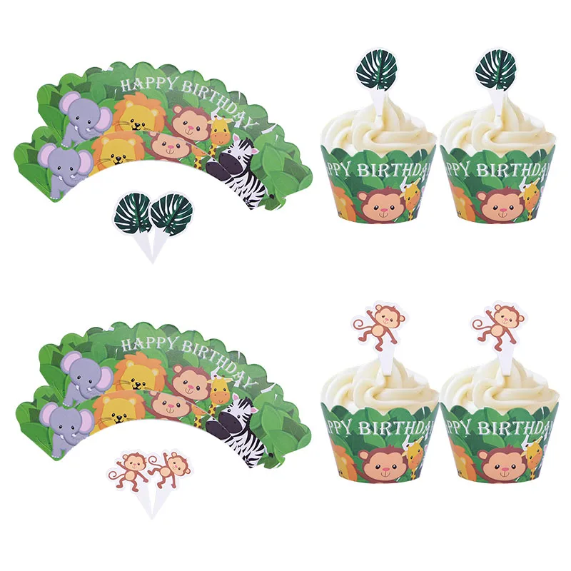 Animal Zebra Lion Giraffe Elephant Leaf Happy Birthday Cup Cake Wrappers Cup Cake Topper Kids Birthday Party Decoration Supplies