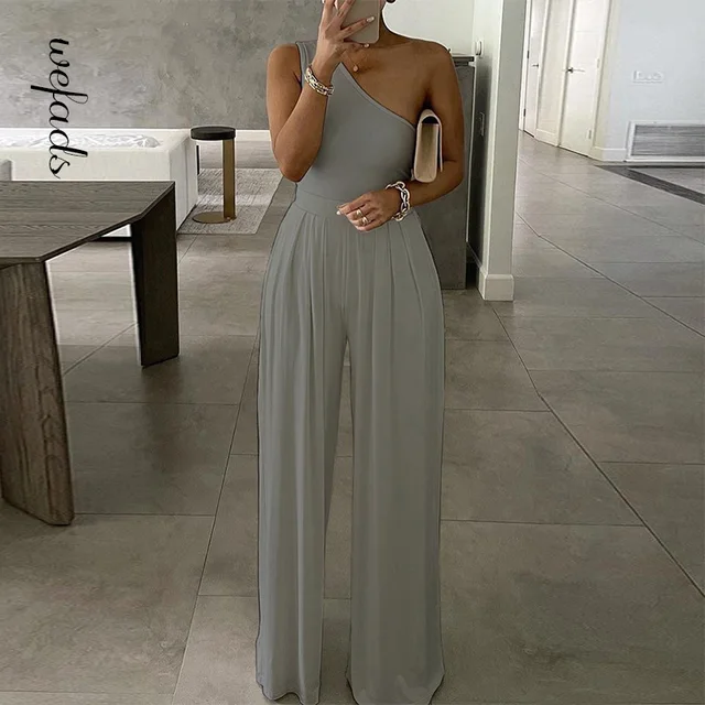 Wefads Women Jumpsuit Summer Sexy One Shoulder Bodysuit Bodycon Romper 2021 Elegant Office Soild Sleeveless Grey