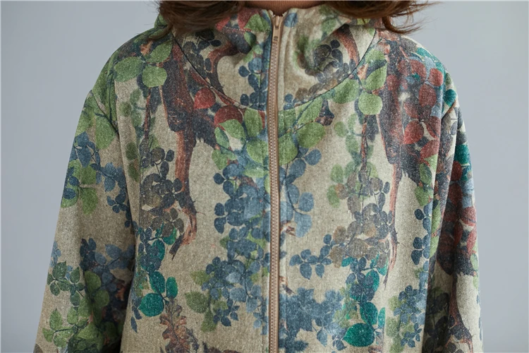 Женские куртки с капюшоном, пальто размера плюс 4XL 5XL 6XL, винтажное пальто на молнии из хлопка и льна с художественным принтом, зимнее пальто большого размера, свободное бархатное пальто