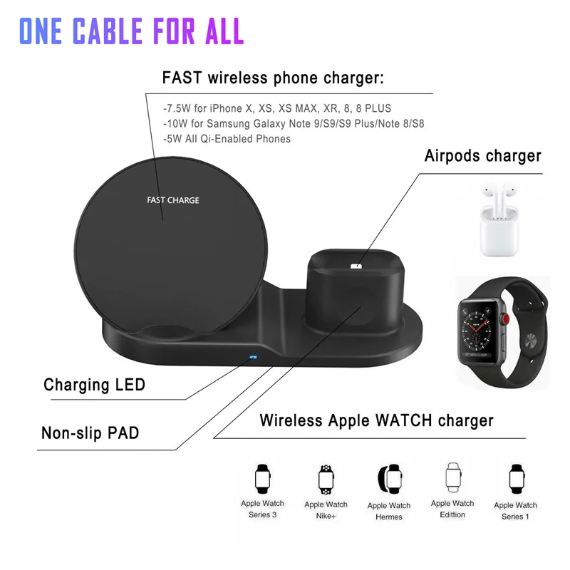 Беспроводное зарядное устройство Qi 3 в 1 подставка для IPhone 11/11 Pro/11 Pro Max Apple Watch 5/4/3/2