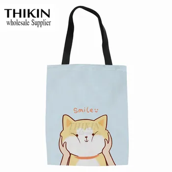 

THIKIN Cartoon Shiba Inu Print Women Canvas Tote Bags Cute Animal Pattern Female Cotton Shoulder Handbags Ladies Shopping Bag
