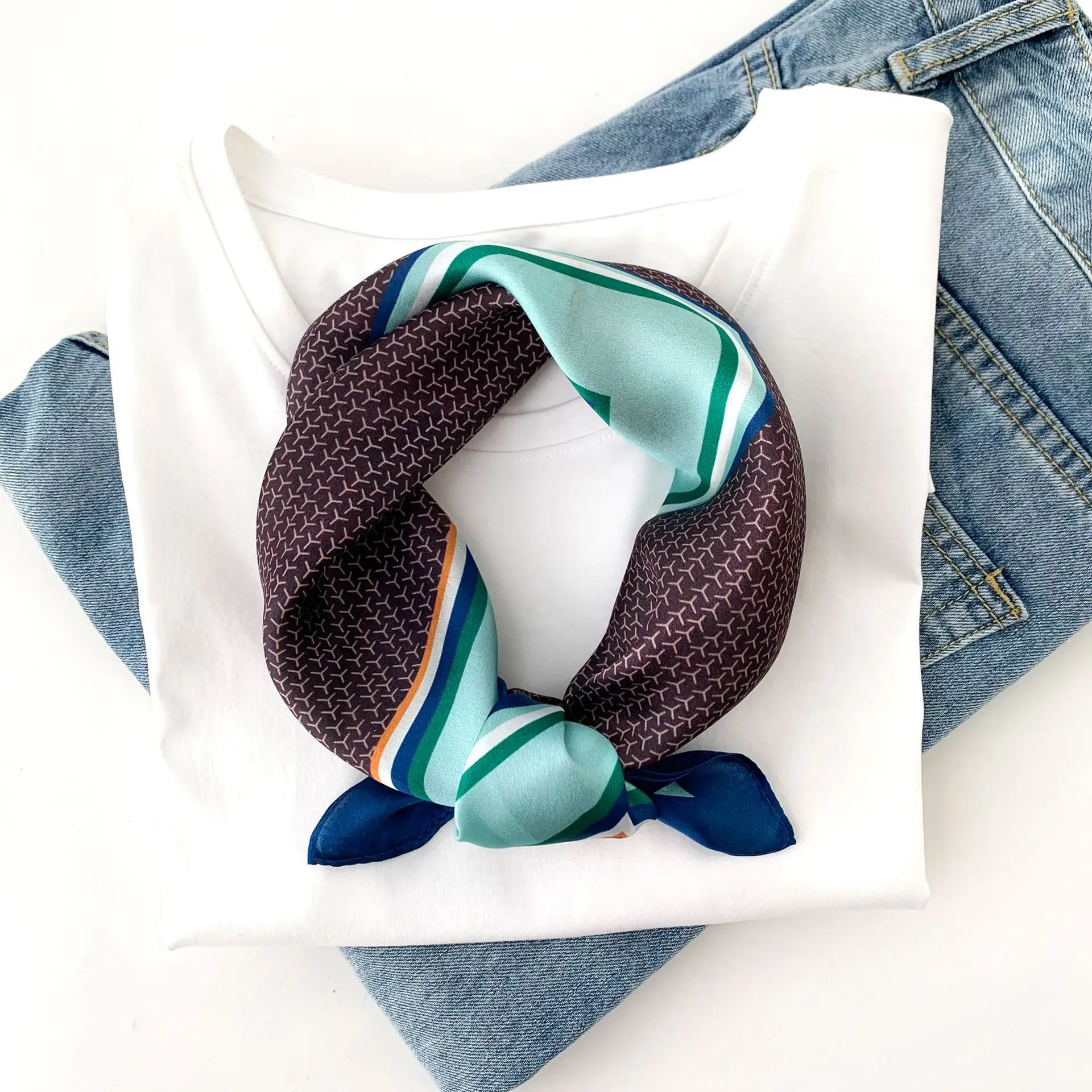 100% Pure Silk Square Scarf Women Dot Print Neckerchief Bandana