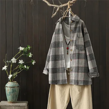 

Woolen New Arrival Women Vintage Plaid Oversized Blouse Long Sleeve Turn Down Collar Purple Shirt Button Up Casual Tops