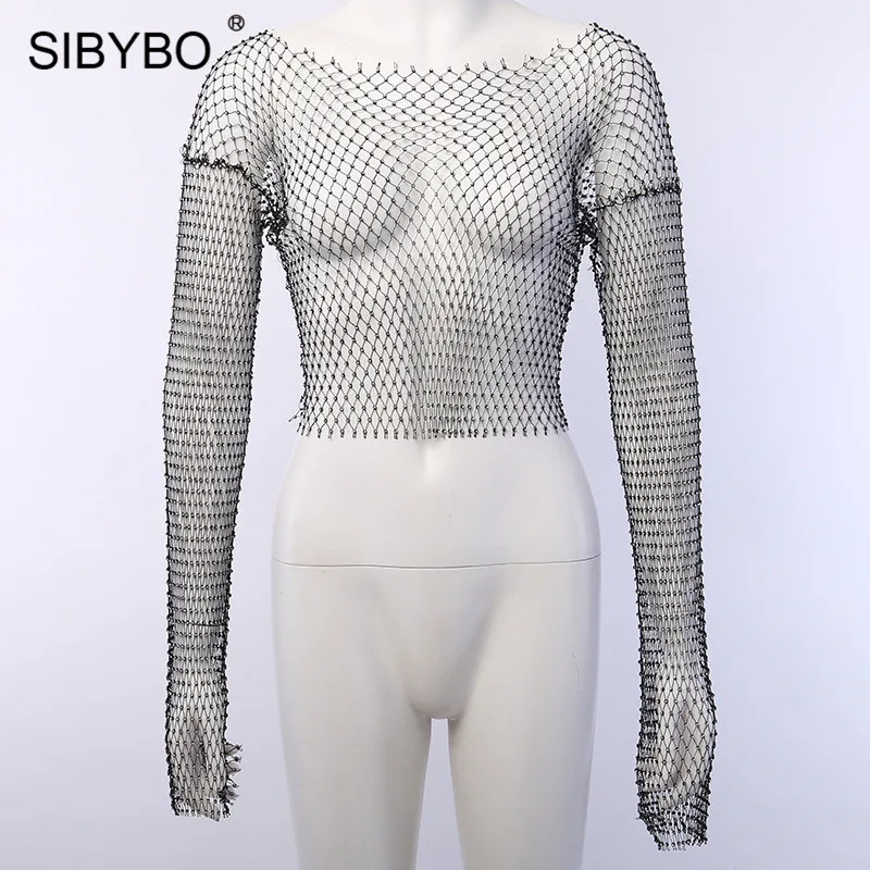 Черный SIBYBO, женские сексуальные топы с рыбьей сеткой и бриллиантами, летний укороченный Топ с длинным рукавом, женская черная пляжная одежда, повседневная женская футболка - Цвет: Черный