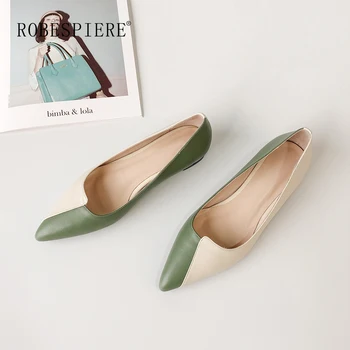 

ROBESPIERE Pointed Toe Women Flats Quality Genuine Leather Mixed Colors Shoes Woman Casual Slip On Low Heels Ladies Flats A65