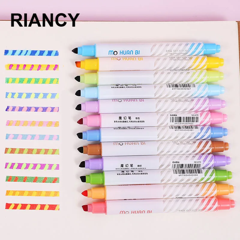 

12 pcs/lot double-end Highlighter pen markers pastel liquid chalk marker marcadores fluorecentes highlighters for school 04430