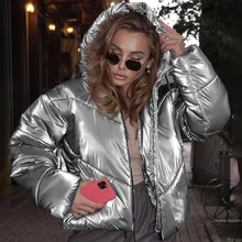Bright Leather Shiny Long-sleeved Hooded Women's Jacket New Solid Color Zipper Thickening Casual Winter Coat Women Elegant