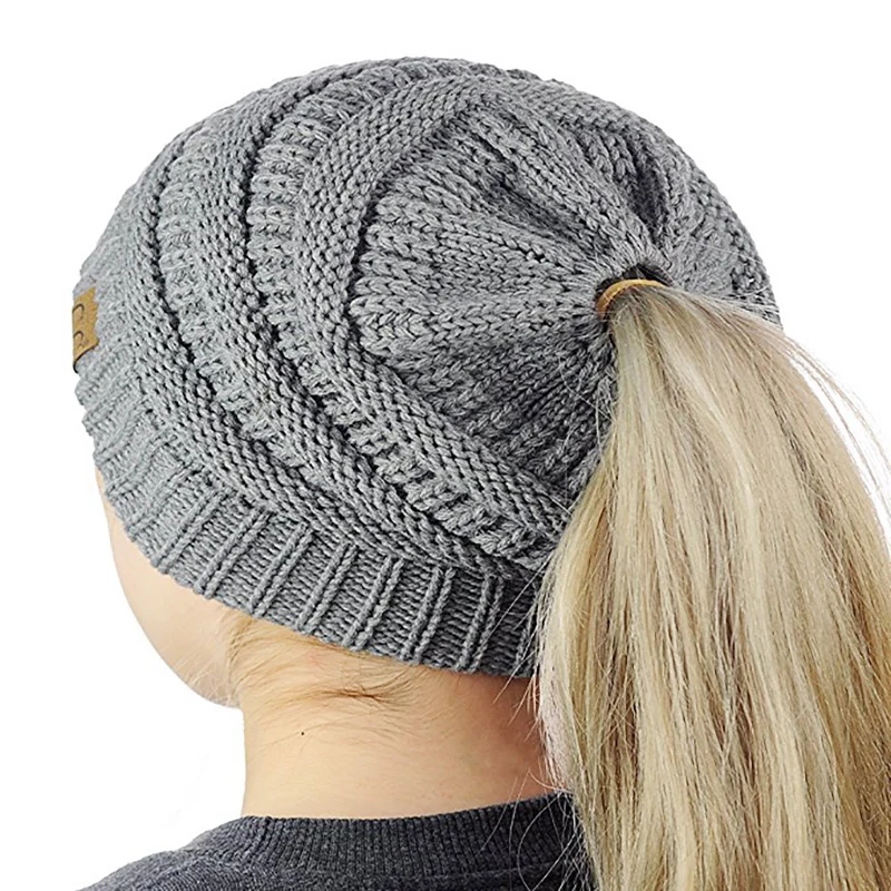 Women Ponytail Hat Skull Stretch Knitted Crochet Beanie Tail Messy Soft Winter Hats For Women Cap  Warm Lady Messy Bun Hats