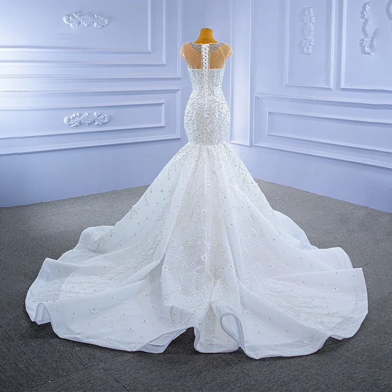J67296 JANCEMBER Round Neck Transparent Lace Sexy Wedding Dress Luxury Applique Print Pattern Diamond Short Sleeve Fishtail Gown 2