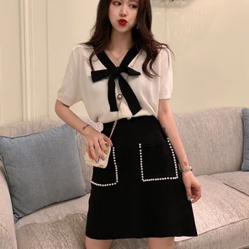 

2020 Summer Fashion High Street Jumpers 2 Piece Set Women Tie Bow Chic Knitted Sweater Top & Beading Pockets Mini Skirt Set