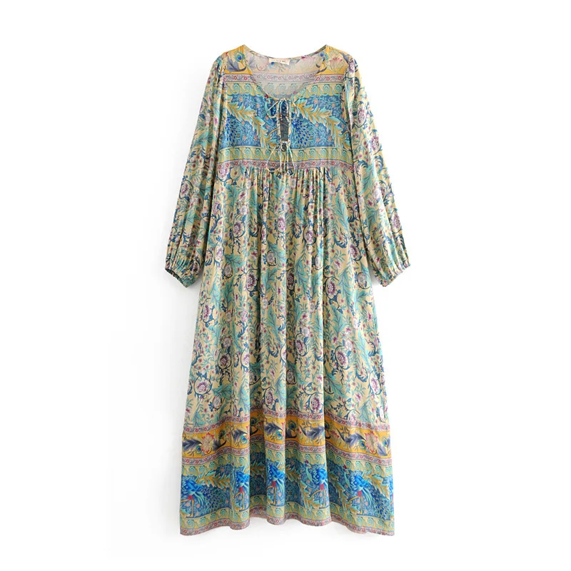 

2018 Europe And America Autumn Women's Dress Bohemian Style Positioning Floral Printed Dress 8831