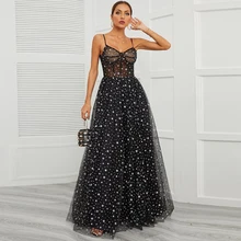 

Sexy Illusion Long Black Evening Dress With Star Spaghetti Straps Homecoming Party A Line Floor Length Corset Sleeveless Vestido