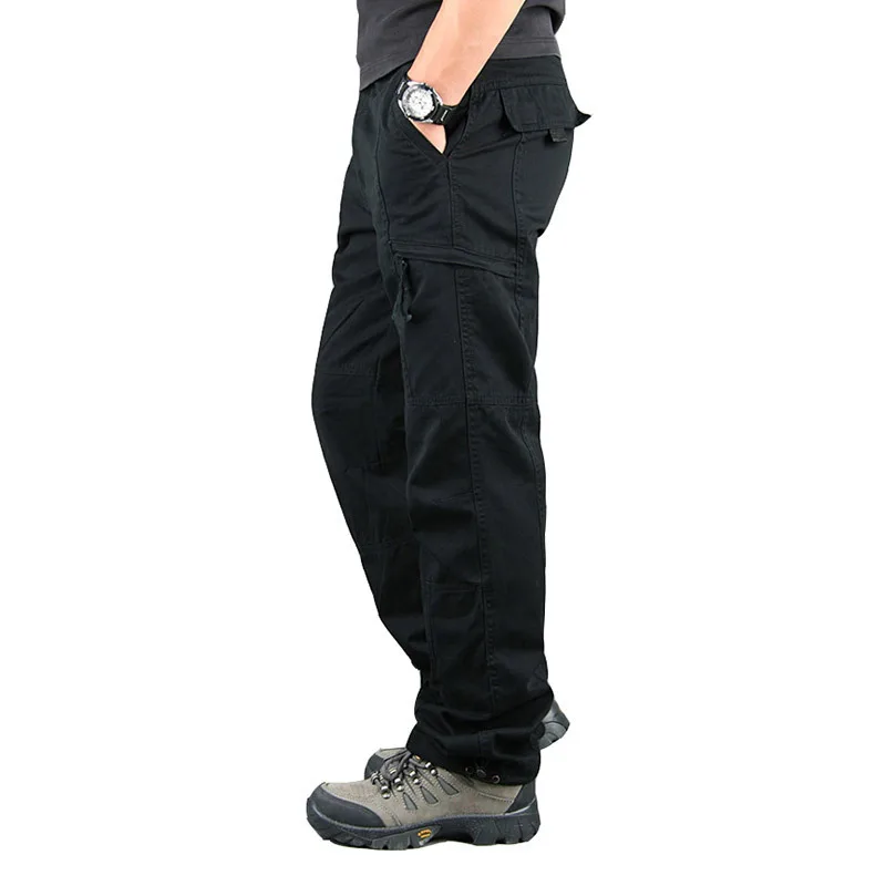Брюки карго мужские военные Рабочие Комбинезоны свободные прямые тактические брюки мульти-карманные Мешковатые повседневные хлопковые брюки слаксы мужские - Цвет: black-1