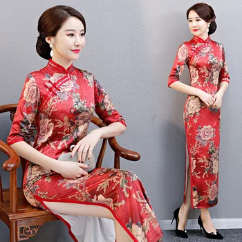 

Chinese Dress Red Elegant Cheongsam Long Dresses Evening Flower Printing Party Qipao M-4XL Plus Size Women Clothin