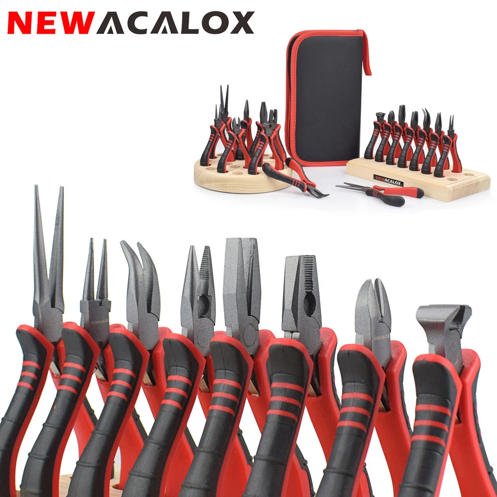 NEWACALOX 8PC Mini Pliers Set Jewelry Making Beading Wire 4.5 Inch Wire Cutter Pliers Manual Diagonal Pliers DIY Plier Set