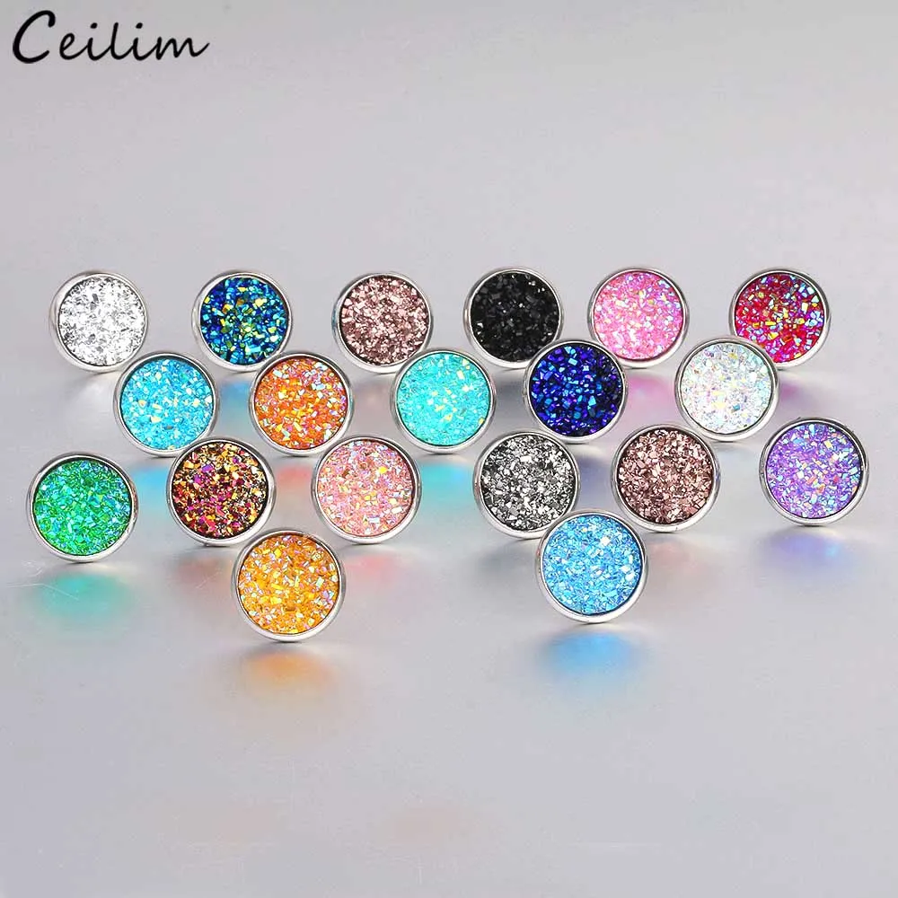 

Multicolor Round Natural Stone Stud Earring for Women Stainless Steel Crystal Druzy Quartz Earrings 2019 New Fashion Jewelry