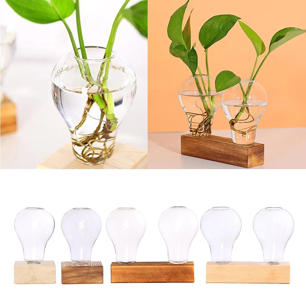 Hydroponic Plant Vase Desktop Glass Wooden Stand Plant Holder for Office Home