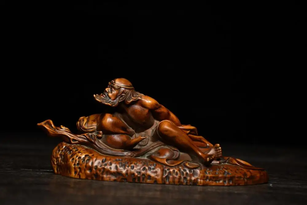 

5" China Lucky Seikos Boxwood Iron Crutch Li Statue The first of the eight immortals Li Tieguai Wood Carving